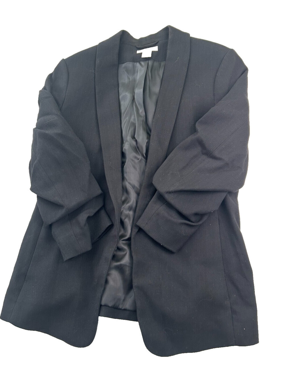 H&M Womens Black Open Front Shawl Collar Blazer Jacket Ruched 3/4 Sleeve Sz M